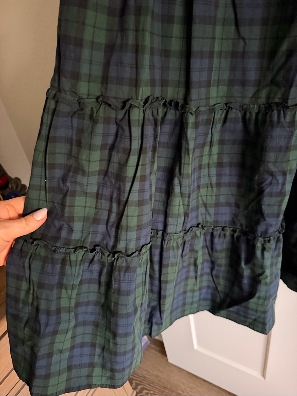 J. Crew Factory Navy & Green Plaid Smocked Tiered Midi Dress - Picture 3 of 9